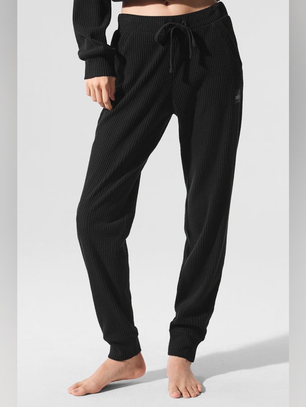 ALO Yoga Muse Black Ribbed Drawstring Joggers